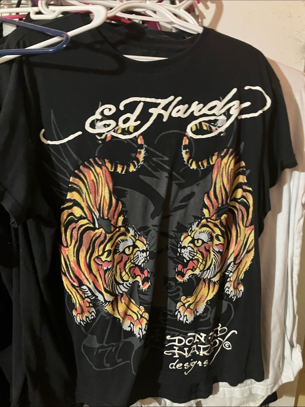 Ed Hardy Black Tee with Dual Yellow-Orange Tiger Motif